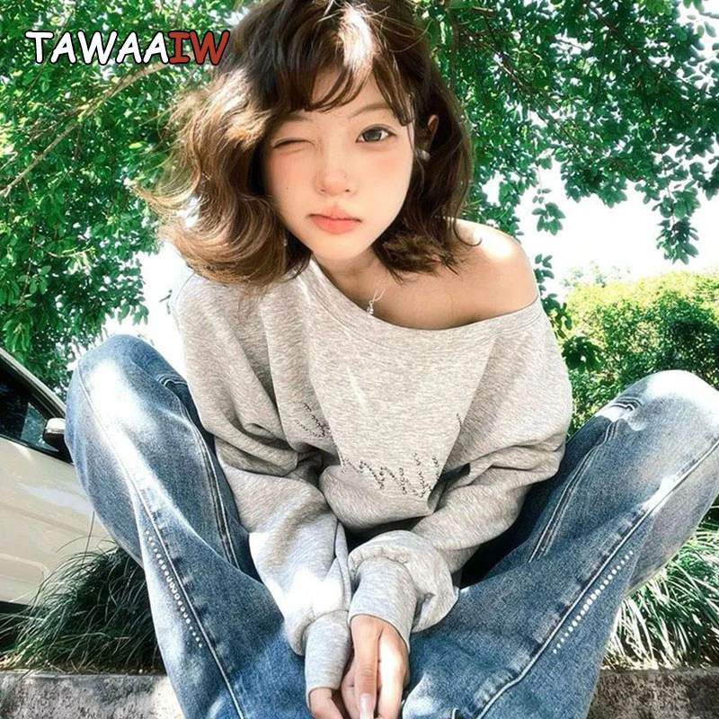 Tawaaiw grijze truien damessweatshirts off-shoulder lange mouw Koreaanse mode jaren 2000 kleding Y2k casual hoodie herfst tops