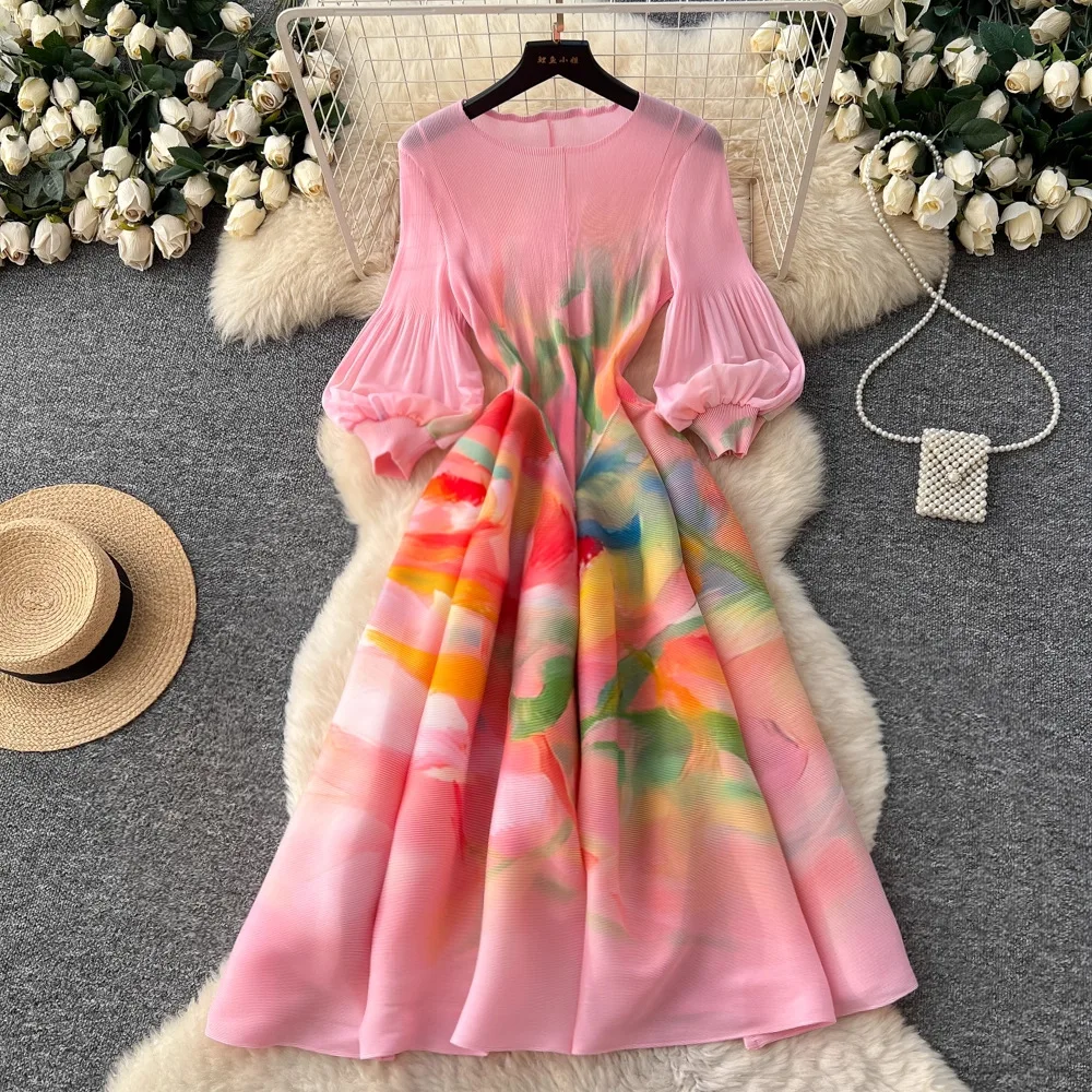 Miyake Pleated Print Dresses 2026 Summer New Round Neck Lantern Sleeve A-Line Flower Bud Dress Elegant Stretch Women's Clothing