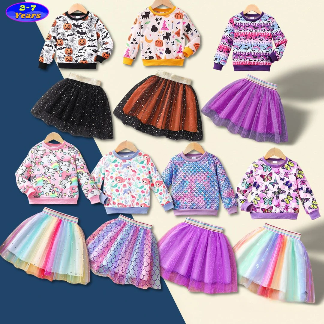 

2024 Halloween Kids Girl Clothes Set Long Sleeve Sweatshirt + Skirt Children 2Pcs Horror Funny Baby Girl Outfit 2 3 4 5 6 7 Yrs