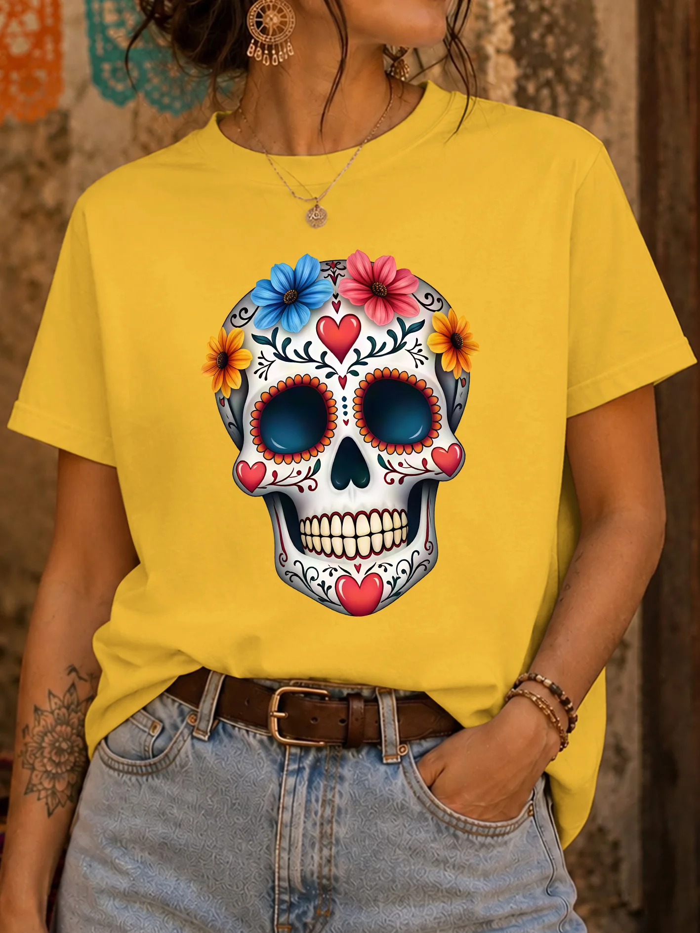 Floral Sugar Skull Womens T Shirt Day Of The Dead Flower Heart Graphic Tee Short Sleeve Casual Festival Party Daily Ladies Tops