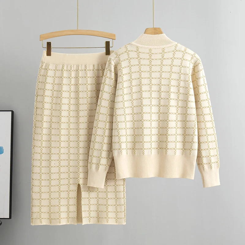 Plaid Sweaters 2 Piece Sets Women Causal Half Turtleneck Knit Pullover Korean Slim High Waist Knitwear Skirts Fashion Clothes