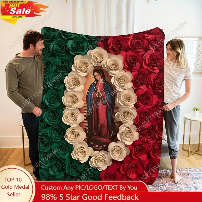 

Virgin Mary and Rose Flannel Blanket Comfortable All-Season Bedding Suitable for Napping Camping Travel Custom Blankets