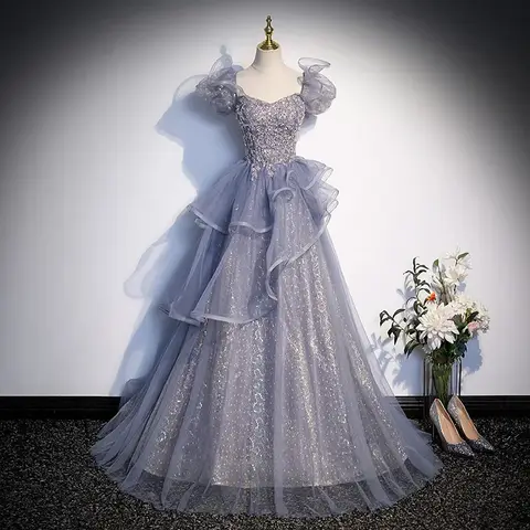 Bomaris Grey Long Evening Party Gown Vestidos De Festa Glitter Tulle Ruffy Sleeves Pageant Elegant Formal Prom Dresses Customize