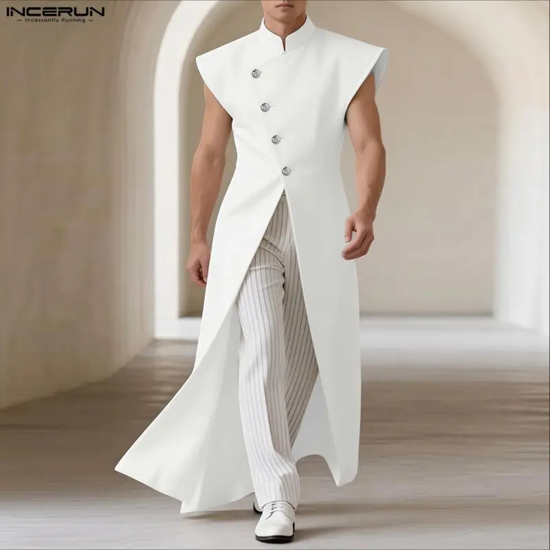 INCERUN Men's Long Style Shirt Solid Color Stand Collar Sleeveless Male Tops Cardigan Streetwear 2026 Fashion Casual Men Clothes
