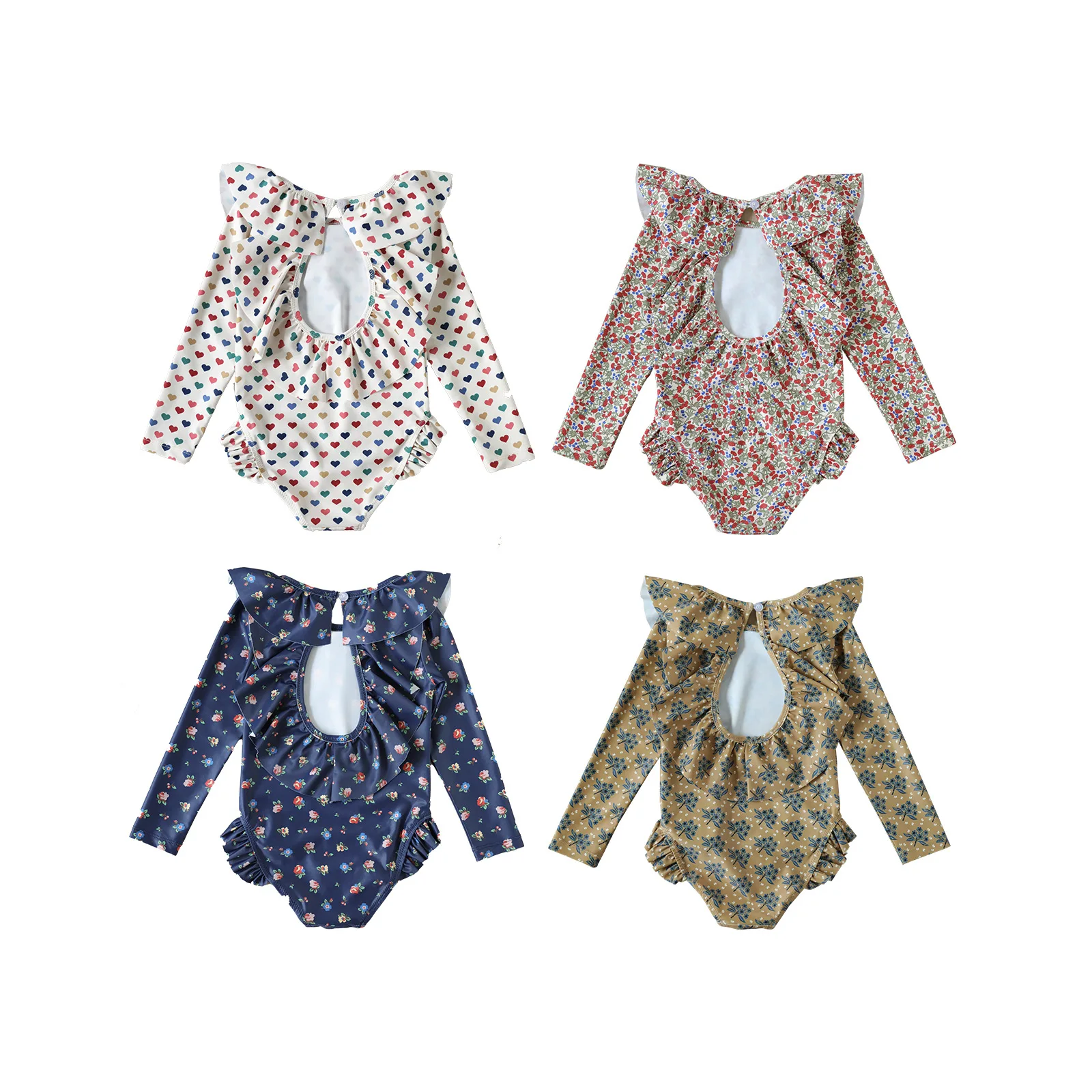 deer jonmi New Summer Baby Girls Long Sleeve Swimwear Ruffles Backless One-piece Vacation Beach Children Printed Swimsuits