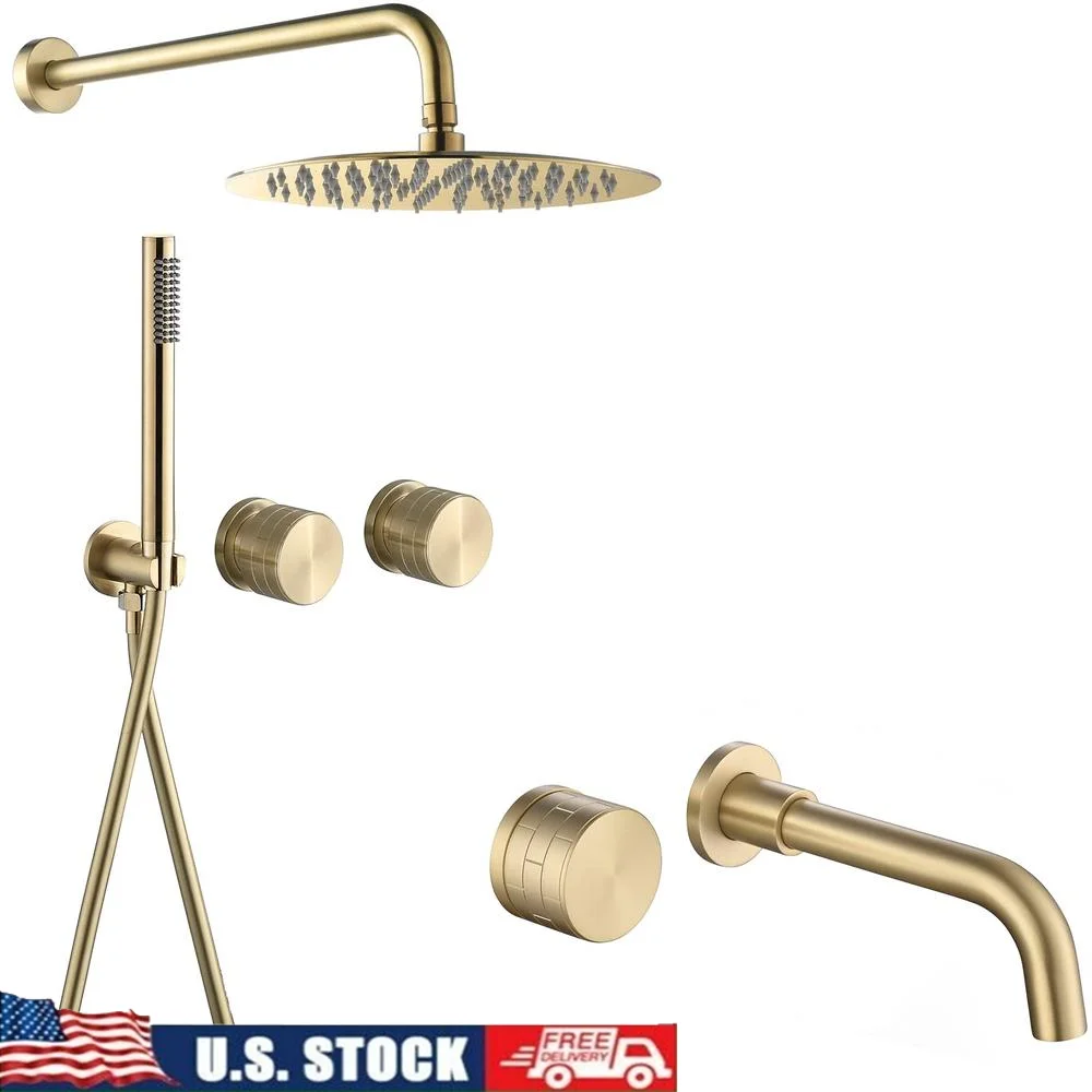 12 Inch Brushed Gold Shower System Brass Bundle Brick-Pattern Round Handle Heavy Duty Luxury Rainfall Handheld Single Wall Mount