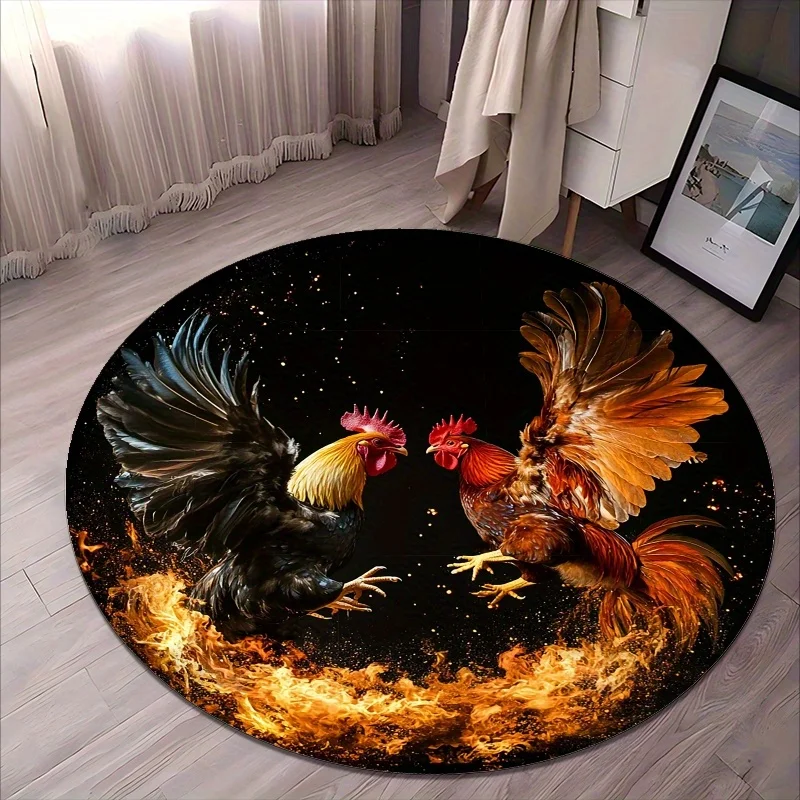 fiery red rooster is fighting Flannel-printed round floor mats are slip-resistant Suitable living room terrace garden carpets