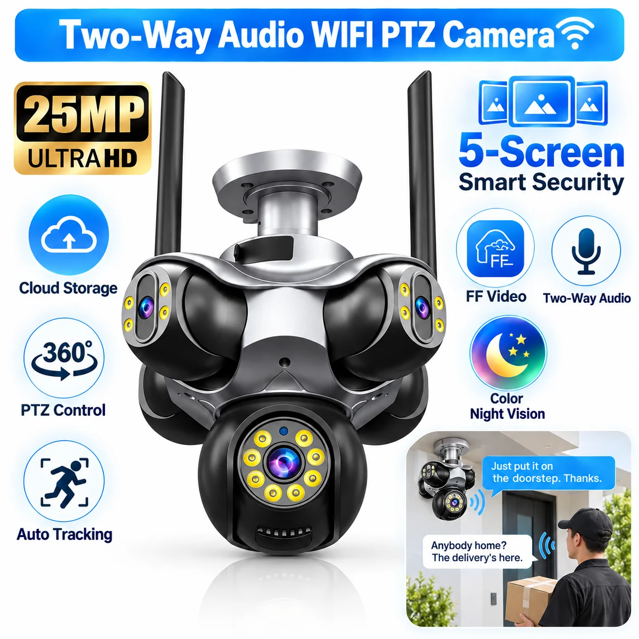 5-Linsen-Kamera für den Außenbereich 25MP 720 °   Panorama-Multiwinkel-WLAN-PTZ-IP-Kamera für den Außenbereich, Multi-Split-Screen, IP66 wasserdicht, Infrarot-Nachtsicht, Bewegungserkennung,
