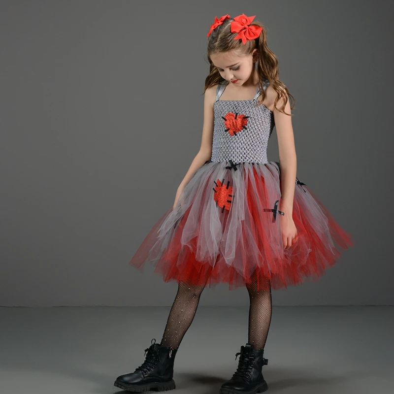 Costume d'Halloween Effrayant en Tulle pour Enfant, Robe et Pinces à Cheveux, Tenue de Vacances Cosplay pour Fille