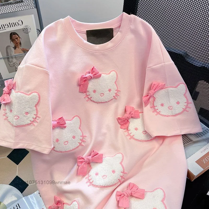 Tiktok Flocked Pink Hello Kitty Short Sleeve T-shirts for Women Sanrio Summer Sweet Girl Loose Design Top Ins Style Clothing