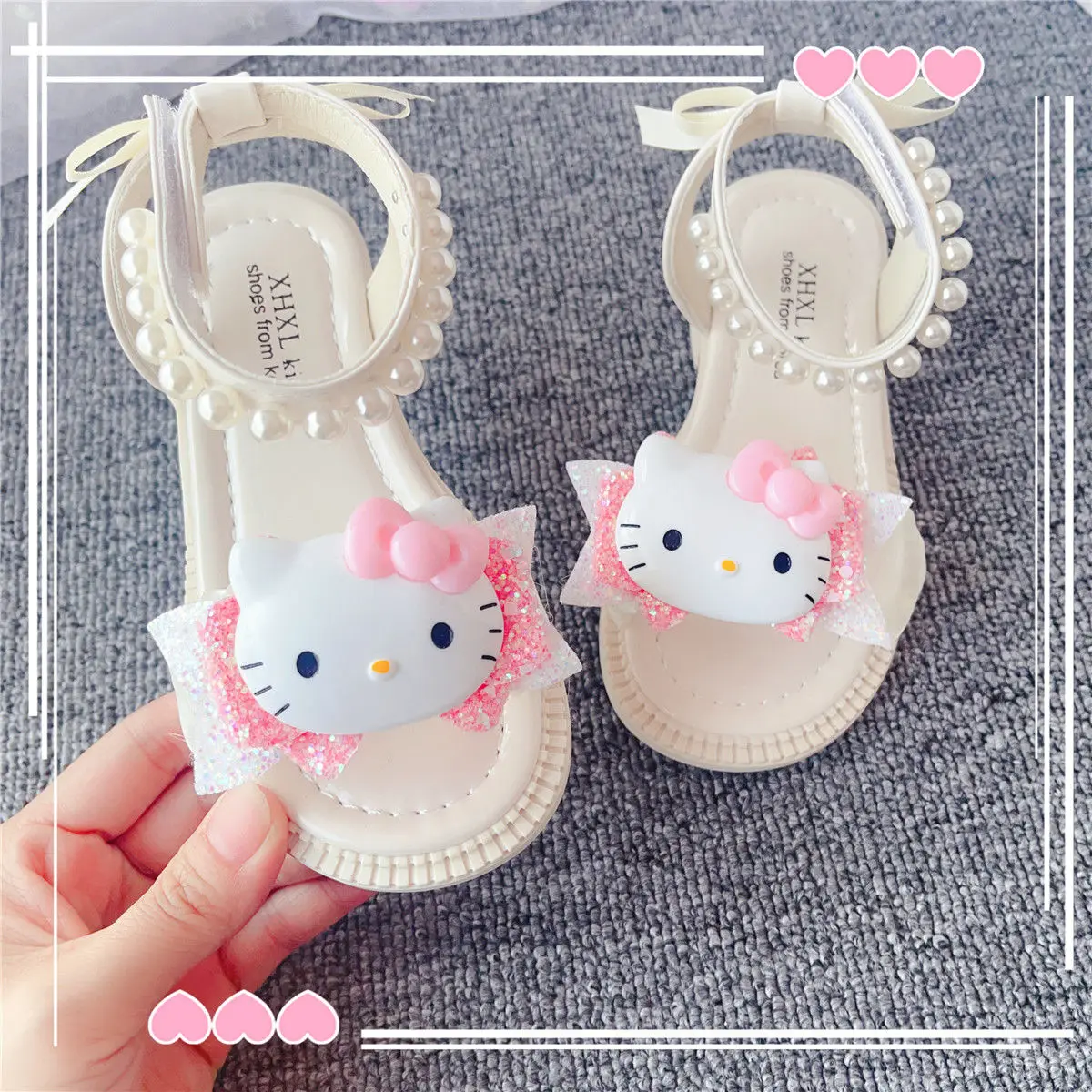 2024 Summer Cartoon hello kitty KT Cat Style Girls' Sandals Beautiful Pearl Children's Princess Performance children kids shoes