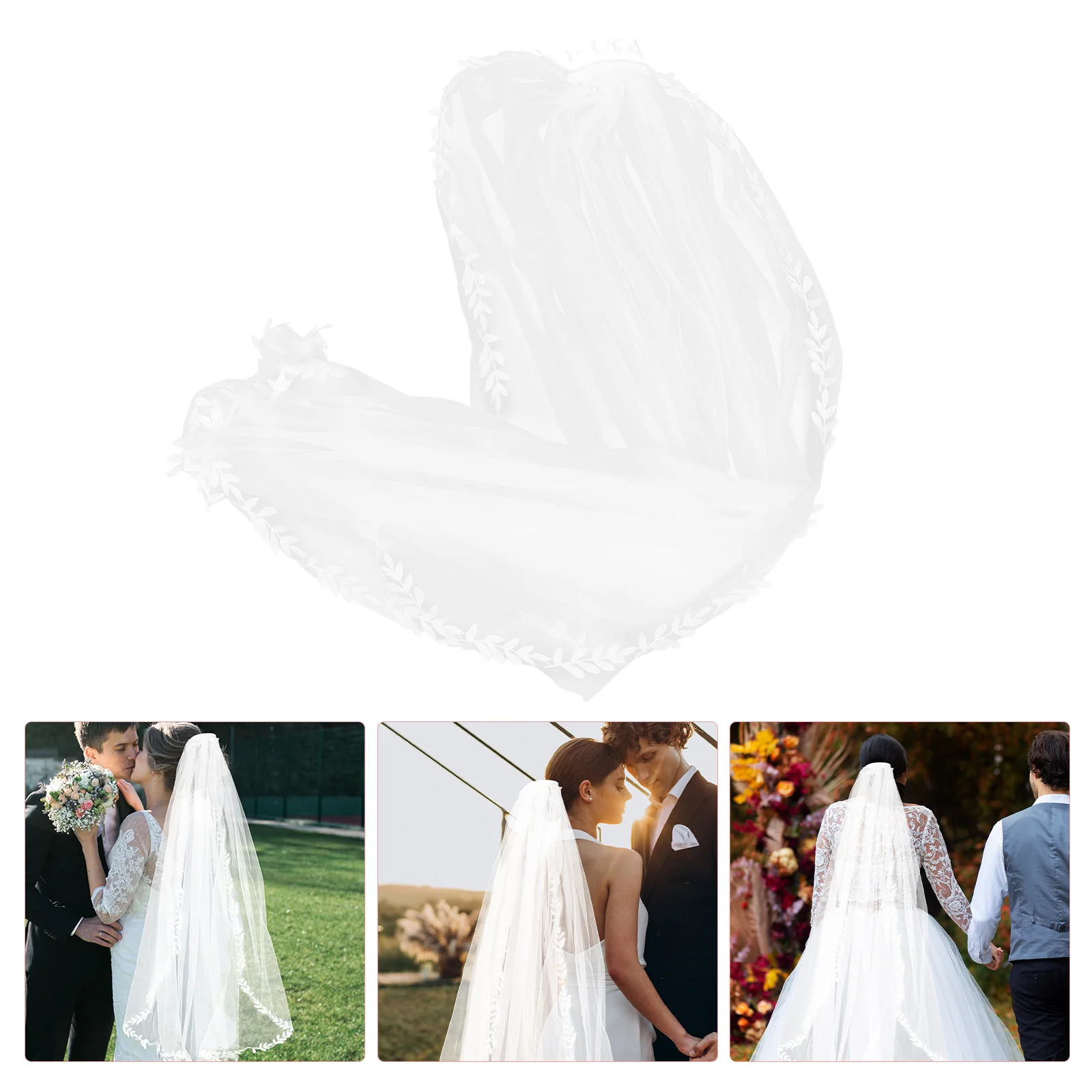 

White Long Tulle Bridal Leaf Lace Trim Wedding Headpiece For Bride Outdoor Indoor Ceremony Lace Embroidered Veil Bridal