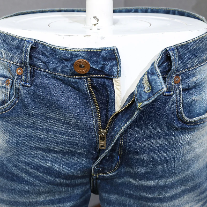 Newly Designer Fashion Men Jeans Retro Blue Stretch Slim Fit Ripped Jeans Men High Quality Vintage Casual Denim Pants Hombre