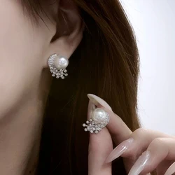 Creative Personality Flower Pearls Earrings Geometric Big Round Earrings Ladies 925 Sterling Silver Earrings Rings Jewelry