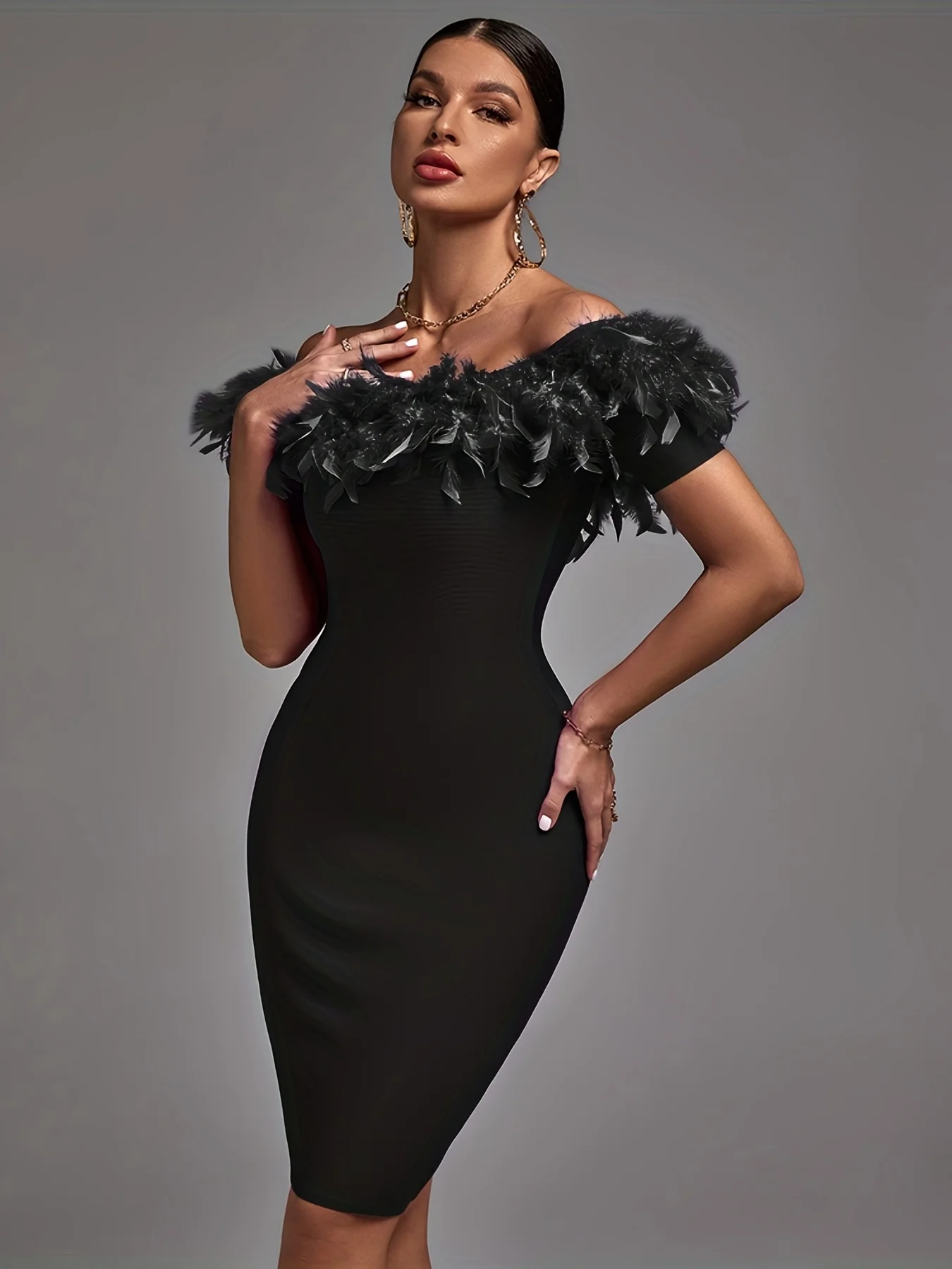 Black Bandage Dress Women Feather Party Dress Bodycon Elegant Sexy Off Shoulder Birthday Evening Club Outfits New Year 2024