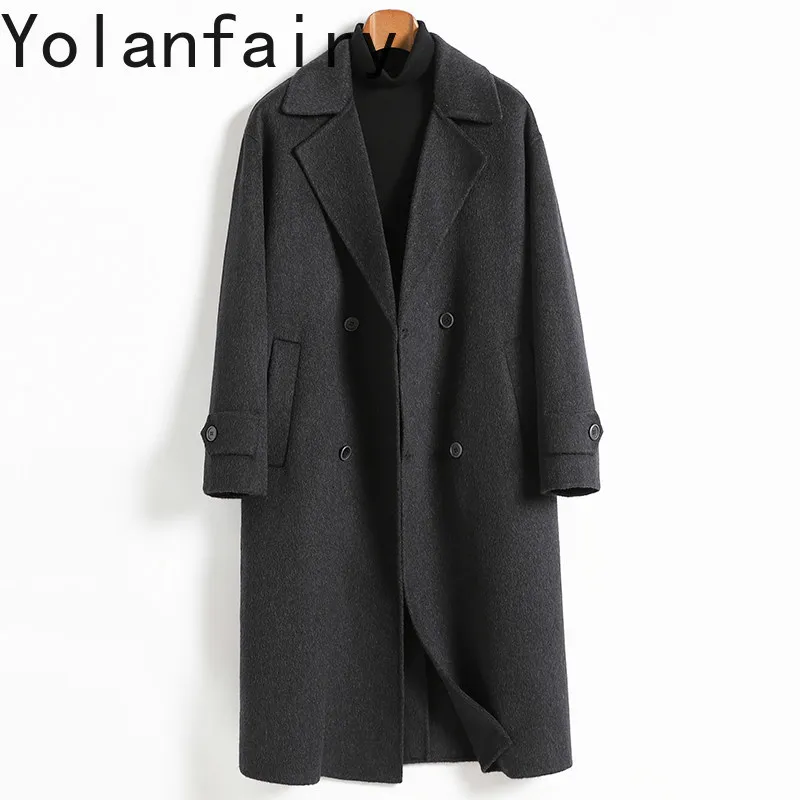 YOLANFAIRY High Quality Double-faced Wool Coat Men Fashion Trench Coats Long 100% Wool Jacket for Man Warm Streetwear manteaux