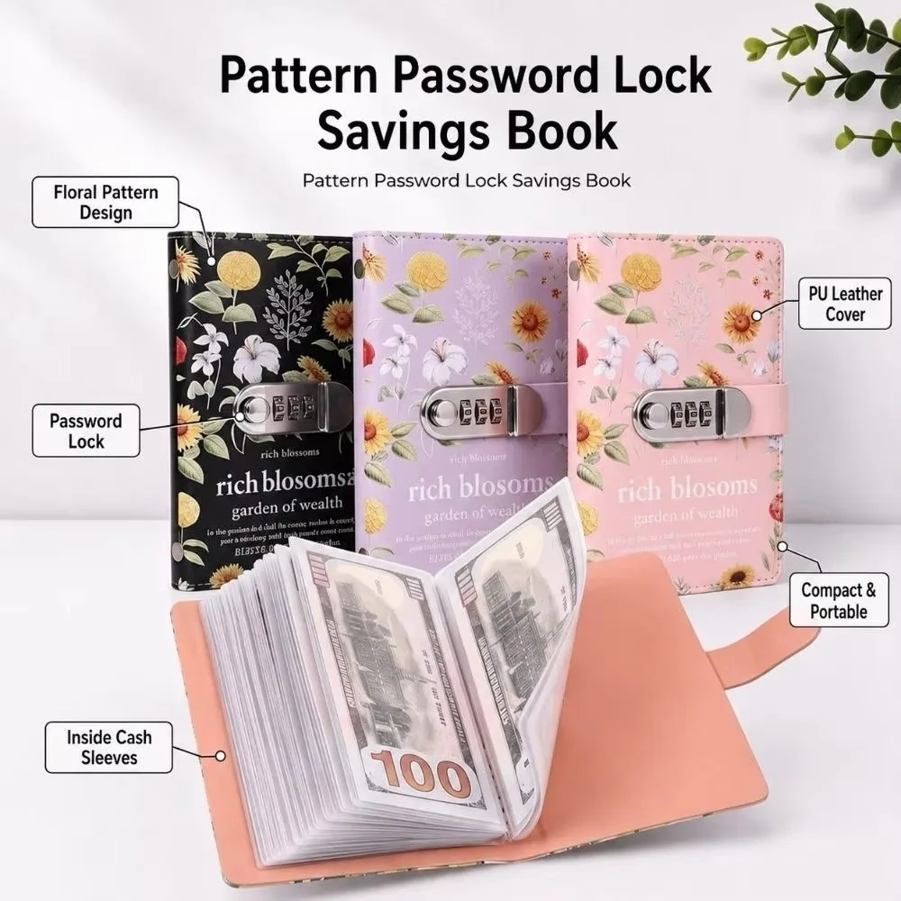 Large Capacity Sunflower Print Budget Binder Lockable Double-sided Money Organizer 3 Digit Password Vintage Floral Cash Envelope