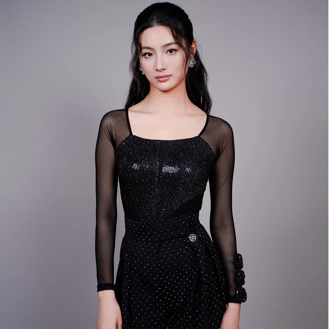 

Adults Samba Latin Dance Practice Tops Women;S Mesh Sleeves Ballroom Dance Top Black Sequins Waltz Modern Dancing Tops SL15096