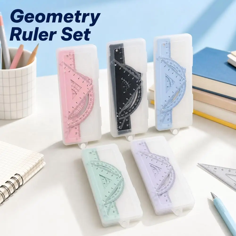 Math Geometry Tool Set 15cm Metal Ruler Triangles Protractor 4 Pcs Drafting Kit With Storage Bag For School Students