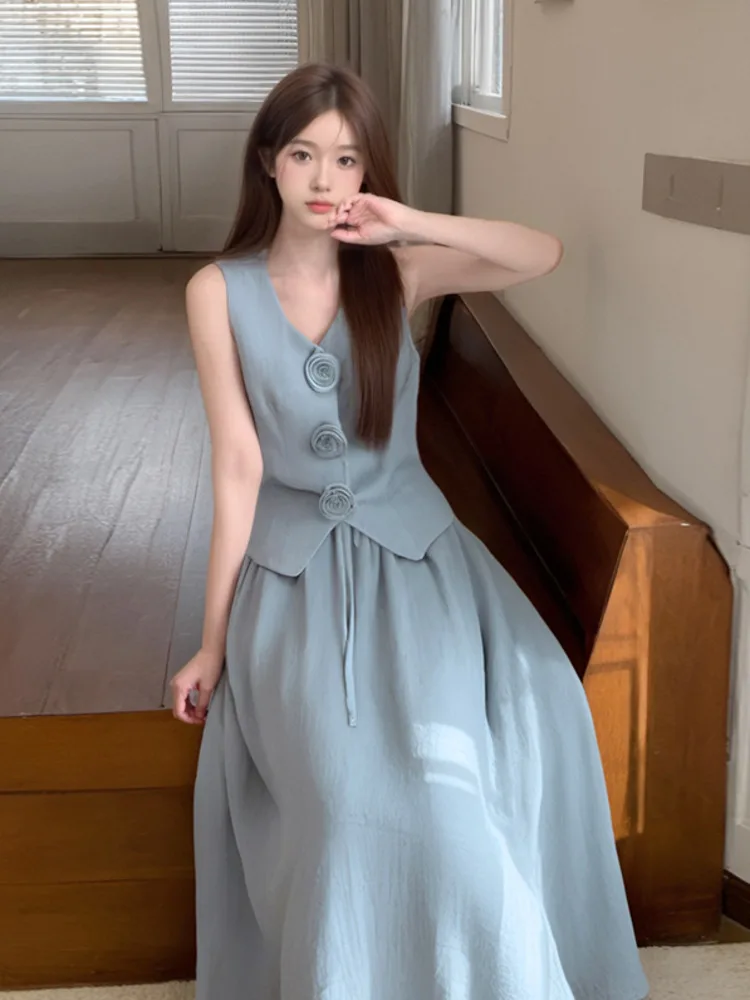 High Quality French 2 Piece Sets Woman Outfit Korean 3D Flowers V-neck Short Sleeveless Top + Long Skirt Suits Ensemble Femmes