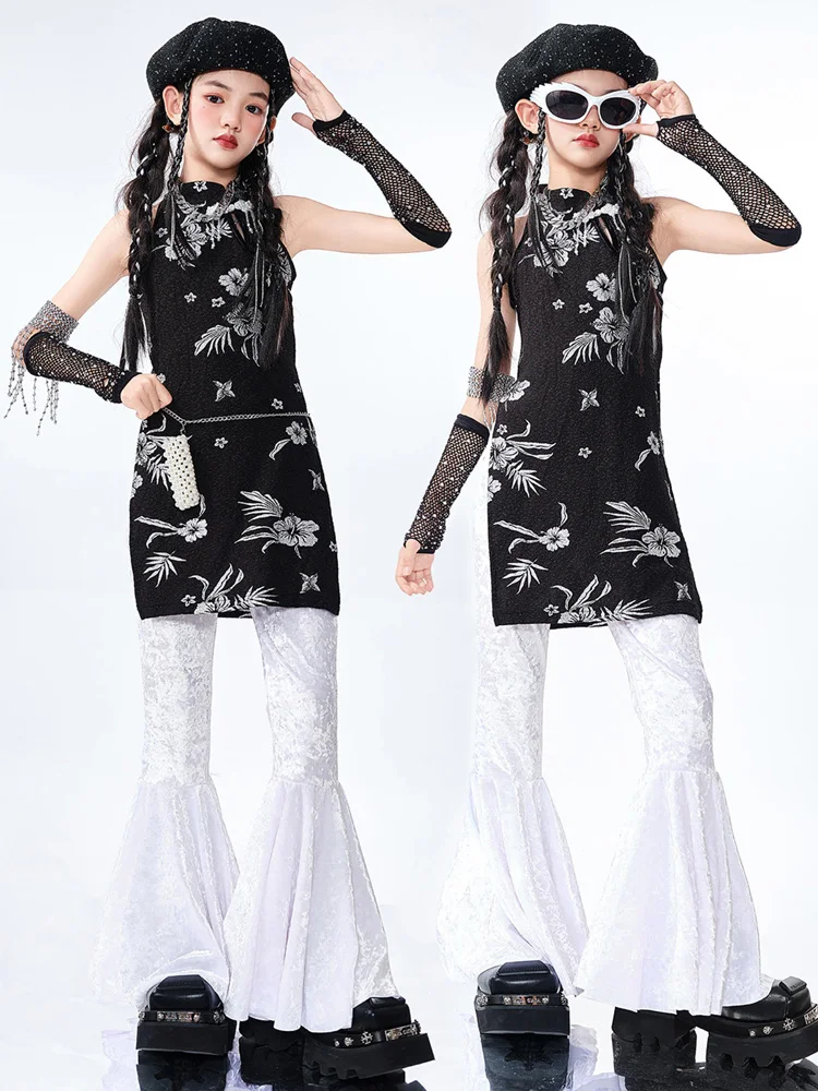 Costume de danse Jazz pour filles, vêtements Hip Hop, haut Cheongsam noir, pantalon évasé blanc, vêtements de spectacle Hip Hop de danse de rue