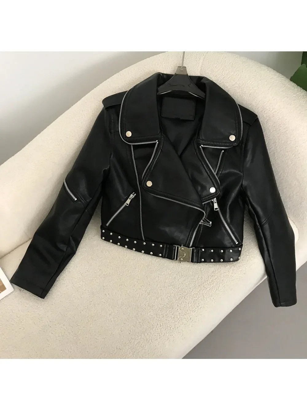 Rivet Faux Leather Short Jacket Spring Streetwear Women Loose Autumn Female Moto Biker Zipper Belt Coat Outerwear