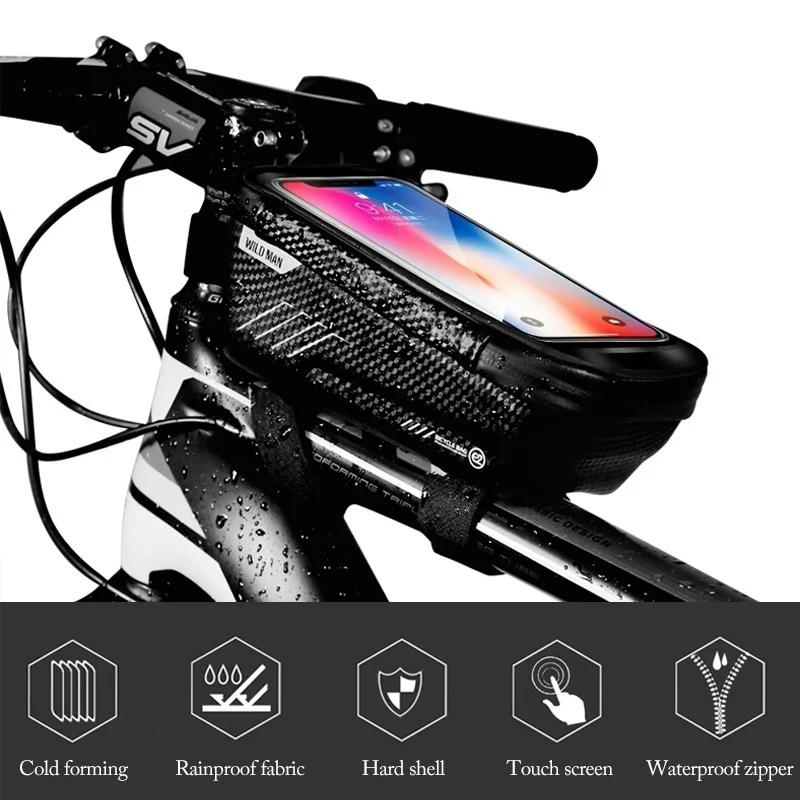 WILD MAN Bike Bag Waterproof Front Road Bicycle Bag Bike Cell Phone Holder MTB Bicycle Bag for Frame Cycling Top Tube Saddle Bag