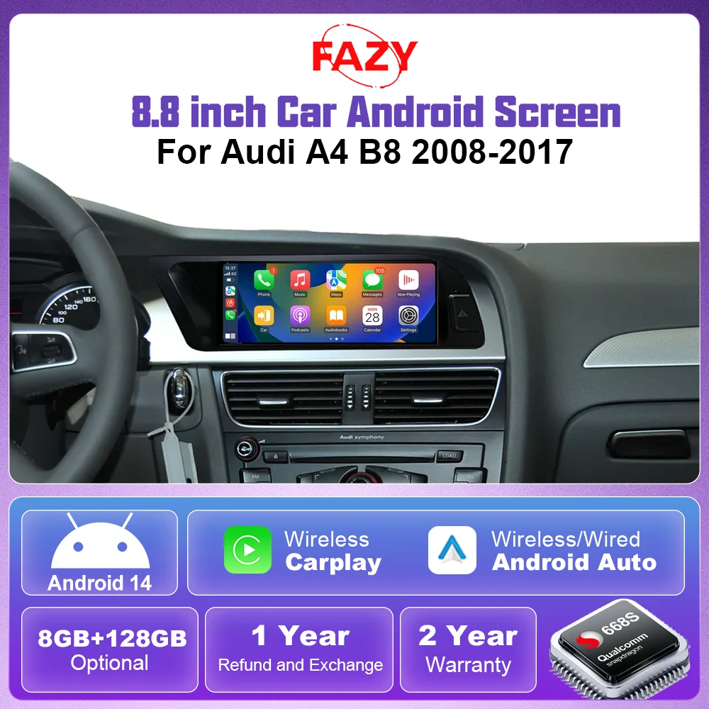 8.8'' Android 14 Wireless CarPlay Android Screen For Audi A4 B8 2008-2017 GPS Navi Multimedia Player 4G WiFi BT IPS Touch Radio