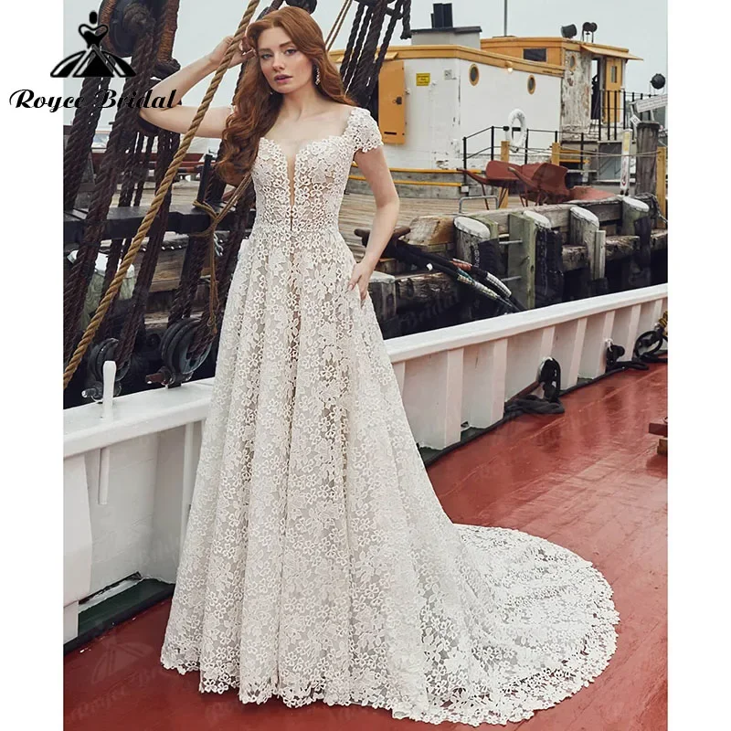 

A Line Wedding Dresses with Pocket Short Sleeve Deep V Neck Backless Sweep Train Lace Floral Bridal Gown robe soirée mariage