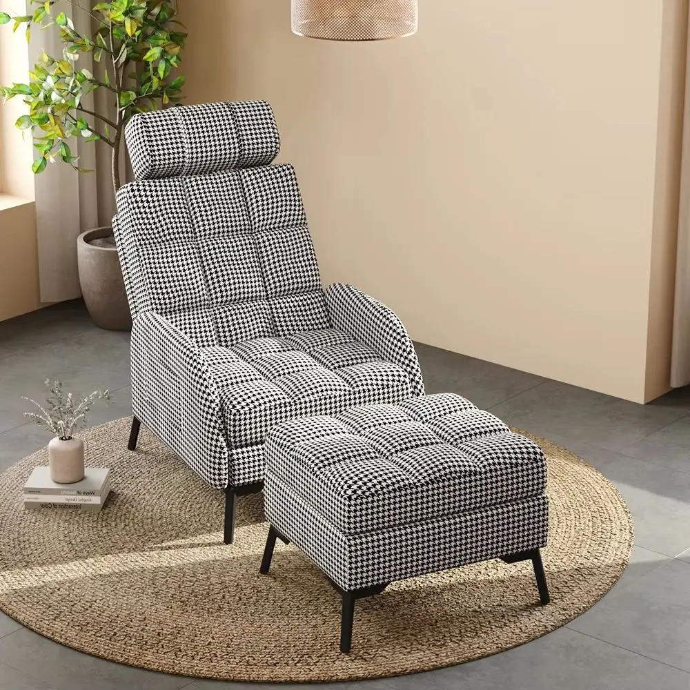 Adjustable Houndstooth Recliner Chair with Footstool