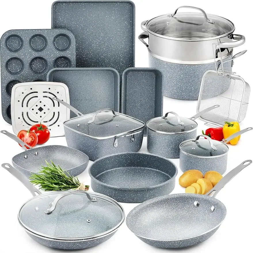 

Non-Stick Induction Granite Cookware Set, Pots and Pans Bakeware Non-Toxic, PFOA Free, Home Hero, 20 Pcs