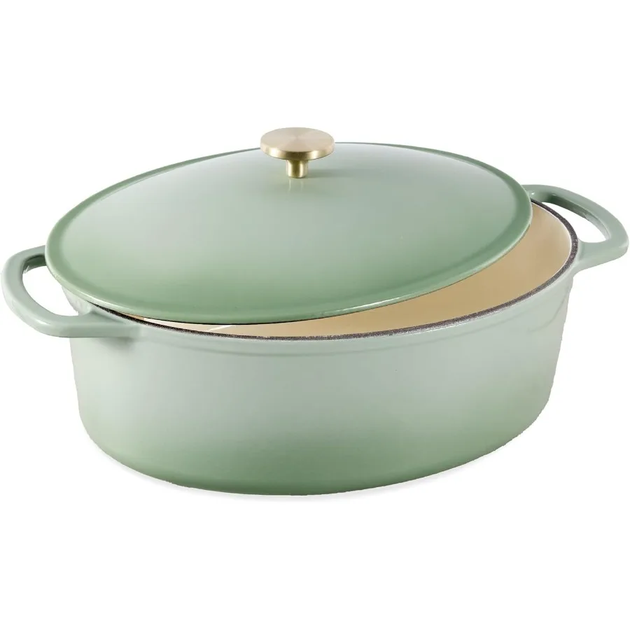 

Oval 7.5 Quart Enamel Cast-Iron Dutch Oven, Heavy-Duty Pre-Seasoned for Baking, Cooking w/Side Handles – Sage Green