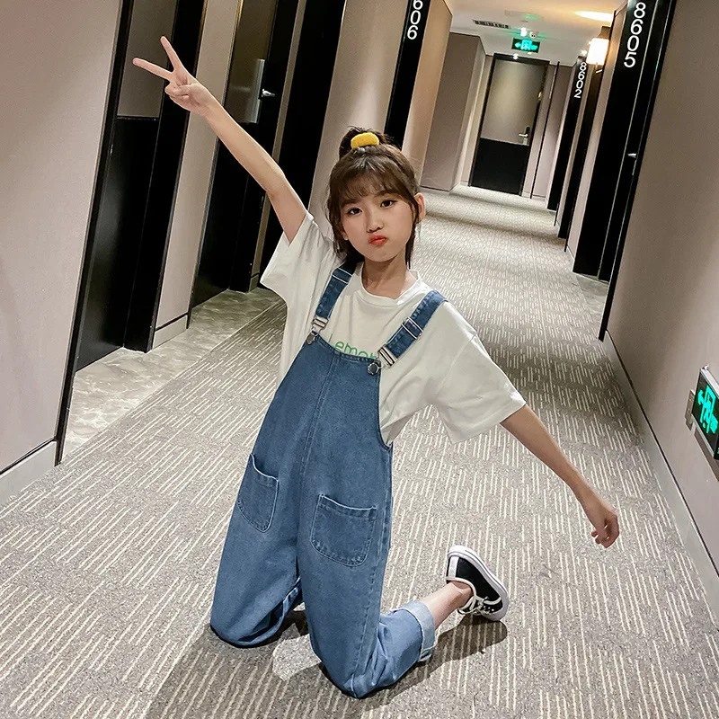 2024 Sommer Kinder Overalls Jeans für Mädchen Kinder Jeans Overall Taschen Herbst Teenager Dame Miss Hosenträger Hose 5 9 12 Jahre