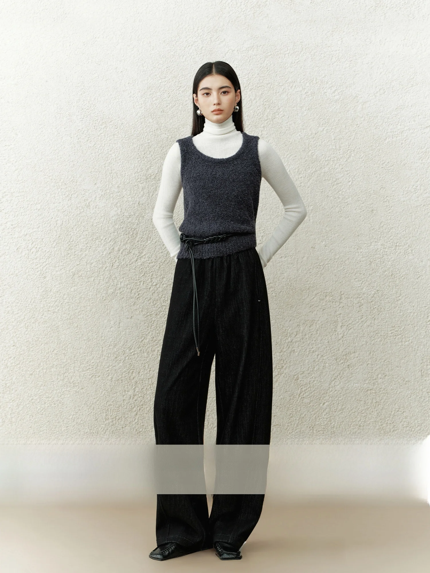 

Rising Petite Women's Bla Acetate Wool Wide Leg Pants High Waist Loose Casual Trousers Autumn Winter Slimming Knife