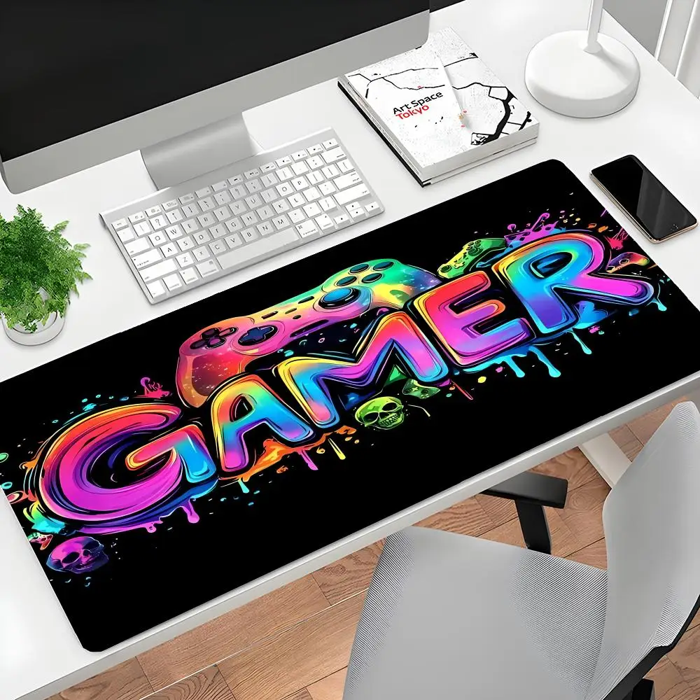 

Неоновый игровой контроллер, художественный коврик для мыши, большой коврик для ПК, аксессуар для игрового стола, слиповой коврик 900x400 мм, настольный коврик для настольного компьютера