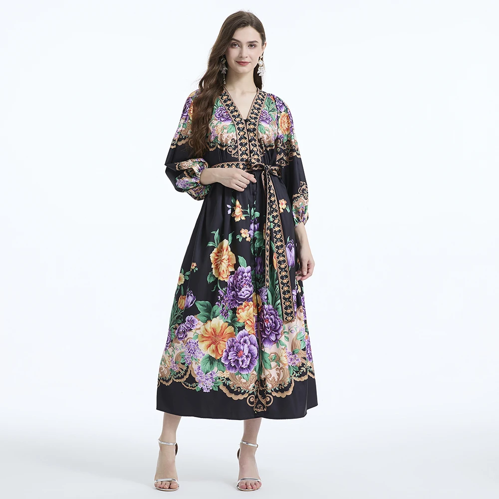 Summer Holiday Flower Bohemian Robe Dress Women's V-Neck Long Lantern Sleeve Print Single Breasted Lace Up Belt Maxi Vestidos