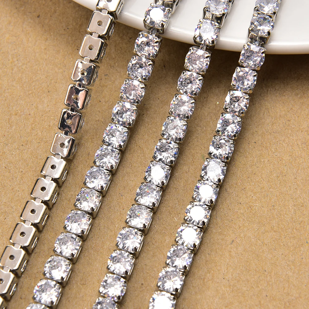 Shiny Silver Base Round Teardrop Rectangle Clear Zircon Rhinestone Chain Crystal Trim For Nail Art Jewelry Clothes Accessories