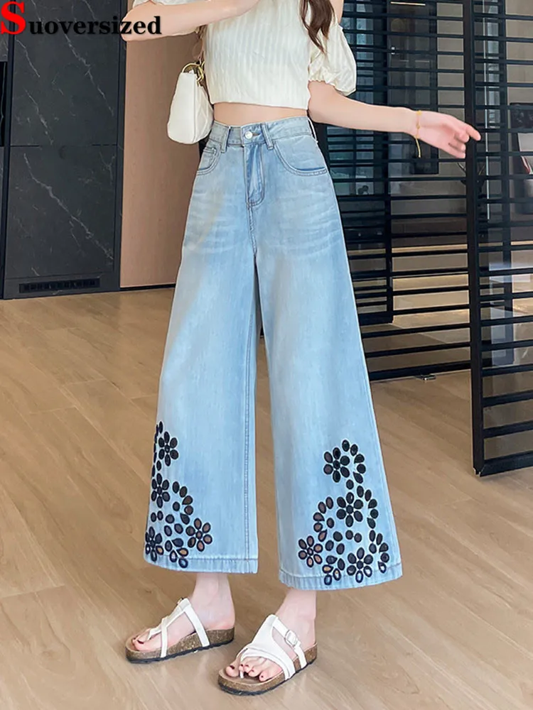 

Широкие джинсы до щиколотки с вышивкой, винтажные мешковатые уличные джинсовые брюки, модные женские прямые брюки Vaqueros