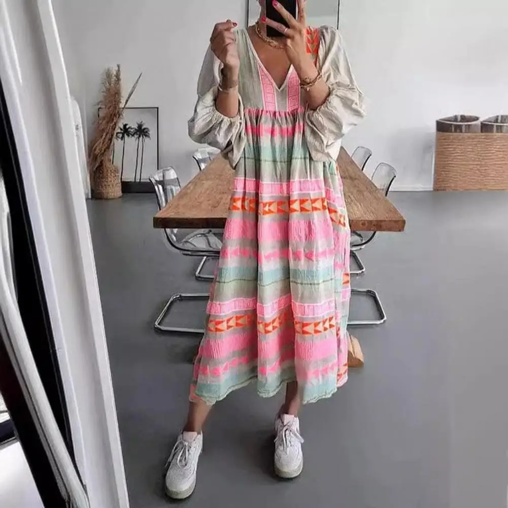 

Fall/Spring Women's Dress Pleated Splicing V-neck Bat-sleeve Bohemian Style Loose Casual Everyday Mini Dress