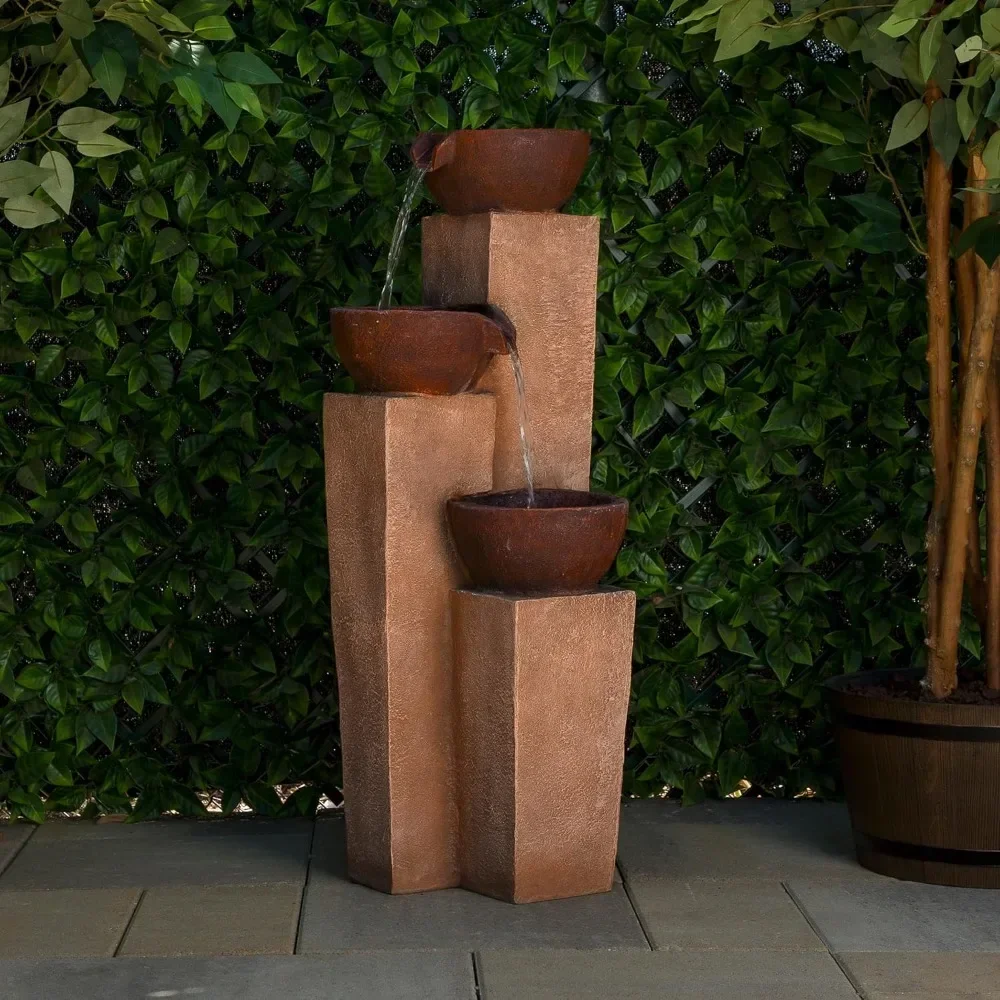 ZEN398 Outdoor Floor 3-Tiered Modern Pots Water Fountain, Rustic Fountain for Garden, 35