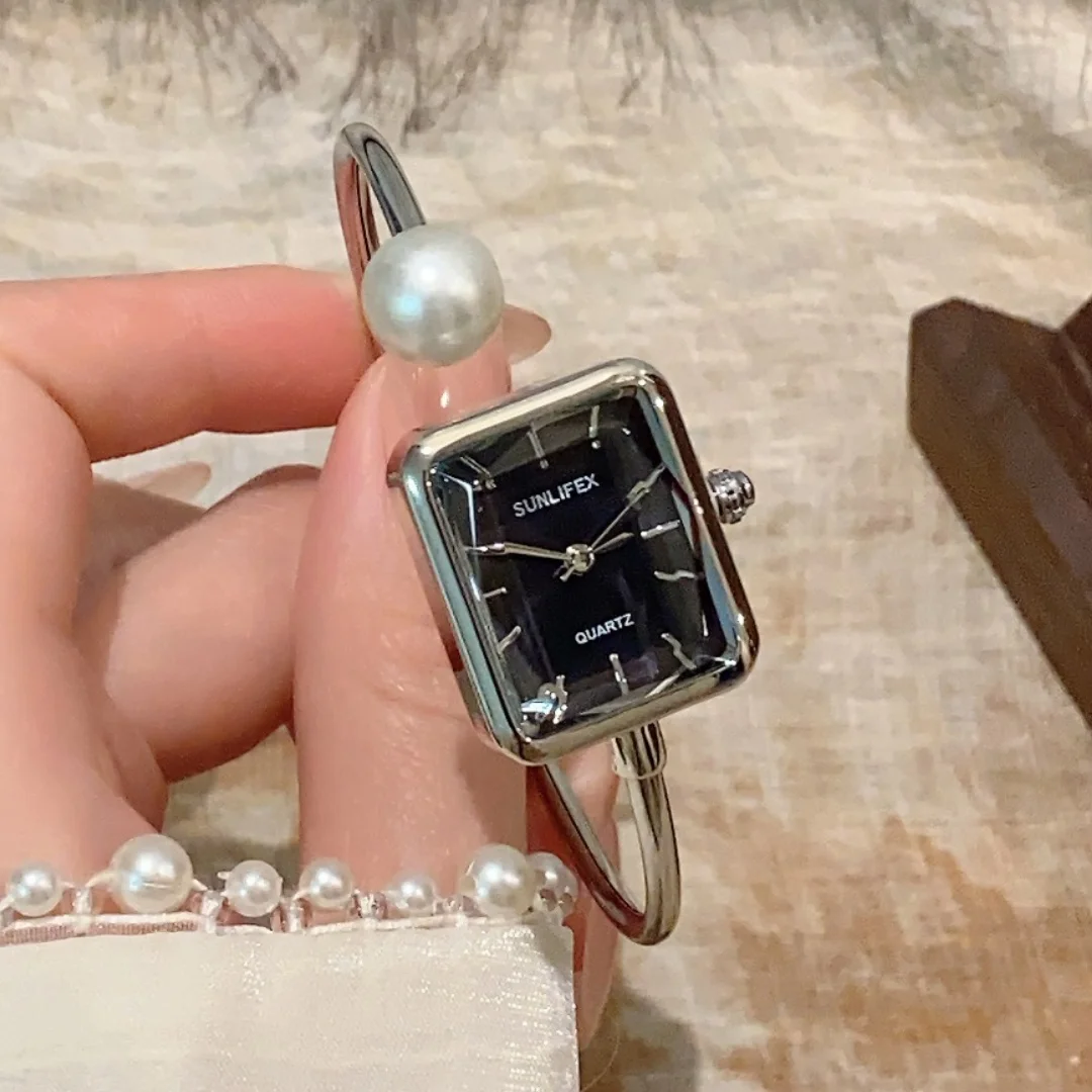 Sunlifex فام الفاخرة المرأة سوار ساعة 1 كبير اللؤلؤ قطع الزجاج مربع الهاتفي كوارتز ساعة اليد الإسورة اليد Saati Relojes