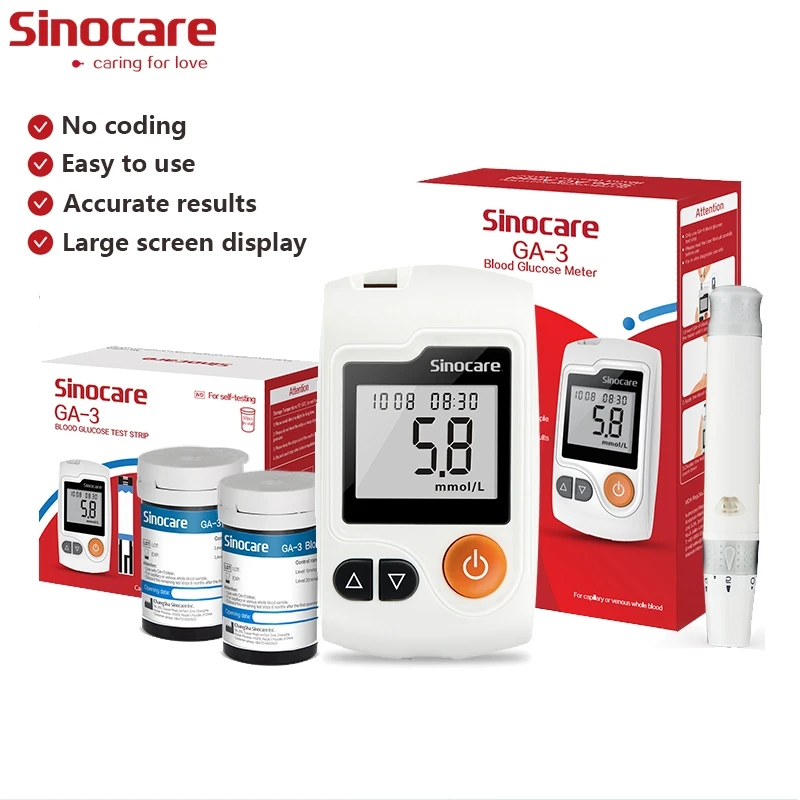 Medidor de Glicose no Sangue Sinocare GA-3, Glicosímetro para Diabetes, Lancetas para Medição de Açúcar no Sangue para Teste de Diabetes ou Apenas Tiras de Teste