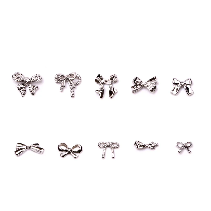 TSZS-Prata Bowknot Fita Nail Art Encantos Jóias, Bowknot 3D, cinza Rhinestones, 3D Bow Shaped Liga Decoração prego, 10pcs