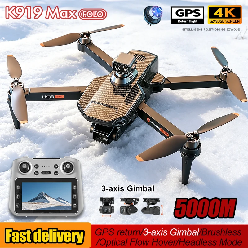 Dron con Cámara Profesional K919 Max 8K 360 °   Dron Cuatricóptero RC con Pantalla, GPS 5G, Motor sin Escobillas, Gimbal de 3 Ejes y Evitación de Obstáculos Láser