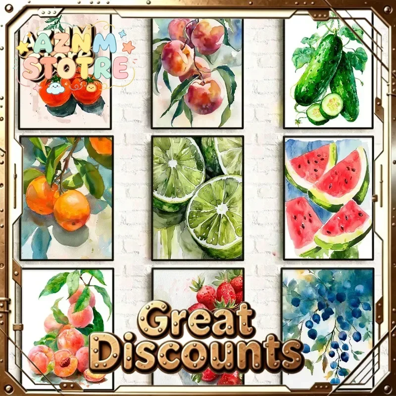 Watercolor Vegetables Fruits Poster Strawberry Peach Garden Orchard Food Canvas Painting Wall Art Farmhouse Kitchen Home Deco