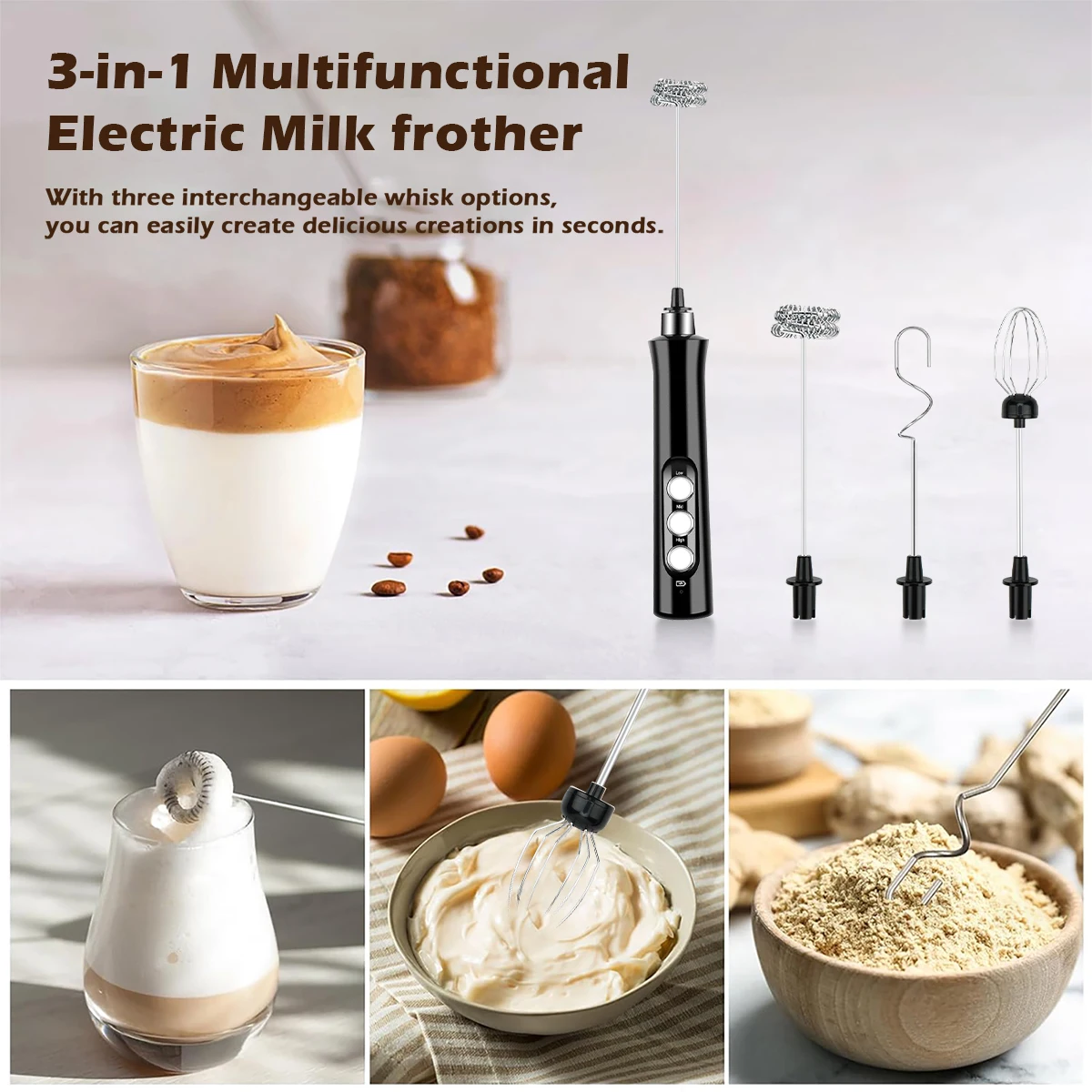 Wireless Rechargeable Electric Milk Frother - 3 Speeds, Handheld Foam Maker for Latte, Cappuccino, Hot Chocolate - USB Rechargea