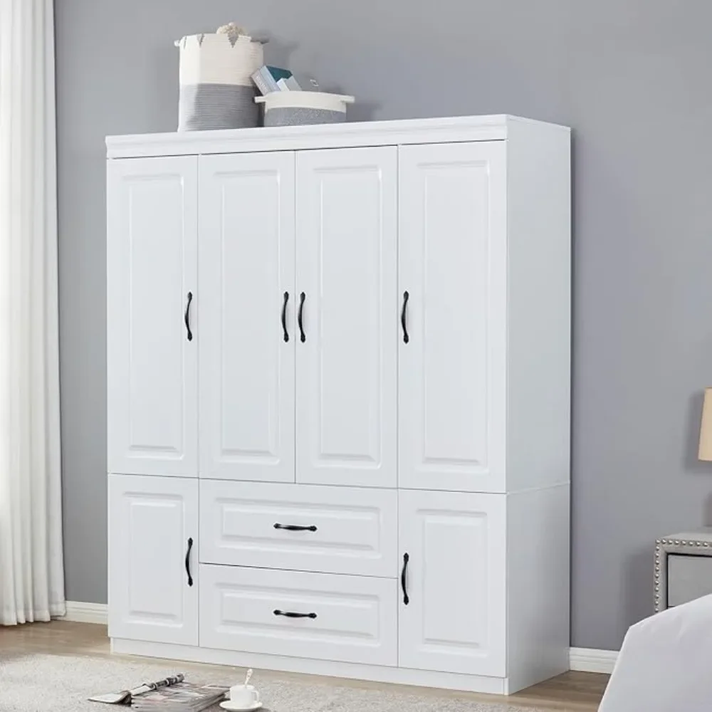 4 Door Wardrobe Closet Cabinet, 2 Drawers Wooden White Cabinet Closet with High Storage Capacity, Closet Wardrobe with 2 Shelves