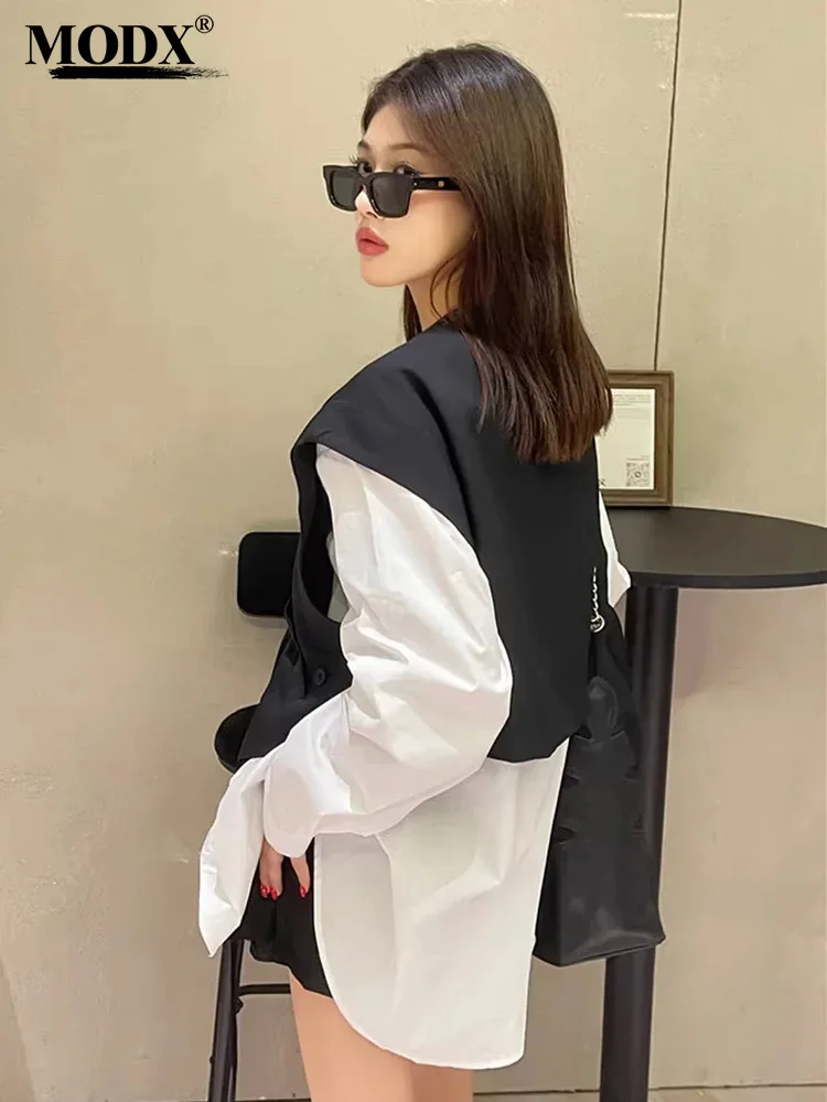 [MODX]  White Color-block Fake Two Pieces Jacket Loose Fit New Lapel Long Sleeve Women Coat Fashion Tide Spring Autumn 2024