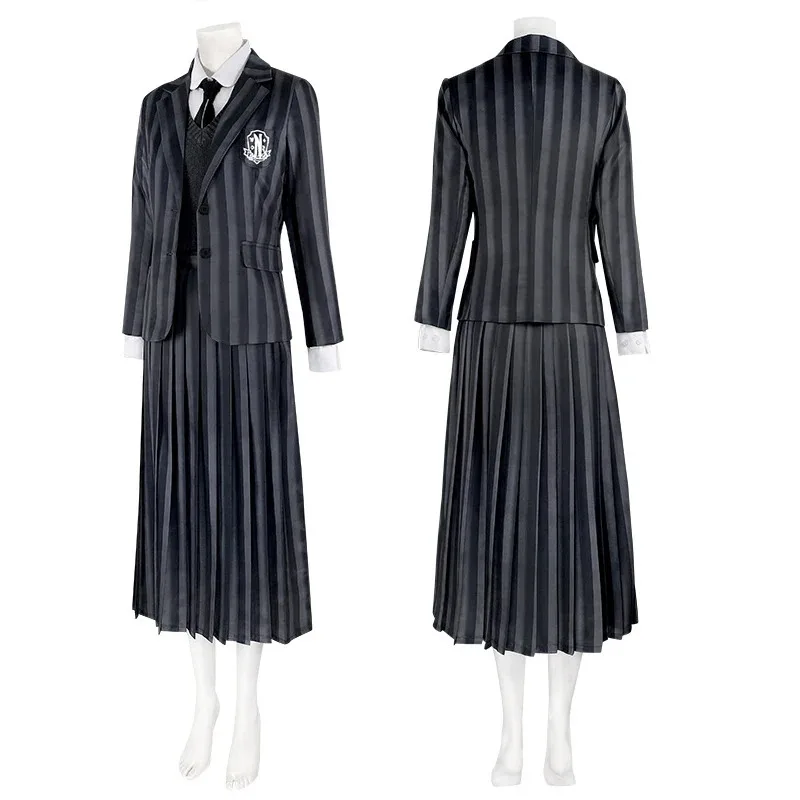 qq34Wednesday Cosplay Costumes Addams Wednesday School Uniform Jacket Vest Shirt Skirt for Kids Adult Halloween Outfit