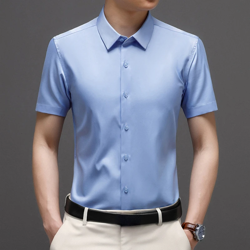 Micro Stretch 6XL Anti-wrinkle Work Shirt Men Long Sleeve Slim Fit Short Sleeve Shirts for Men Causal  White Black